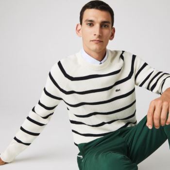 Lacoste Crew Neck Striped Ribbed Wool Sweater - Svetr Pánské Bílé / Tmavě Blankyt Blankyt | CZ-QzTqU